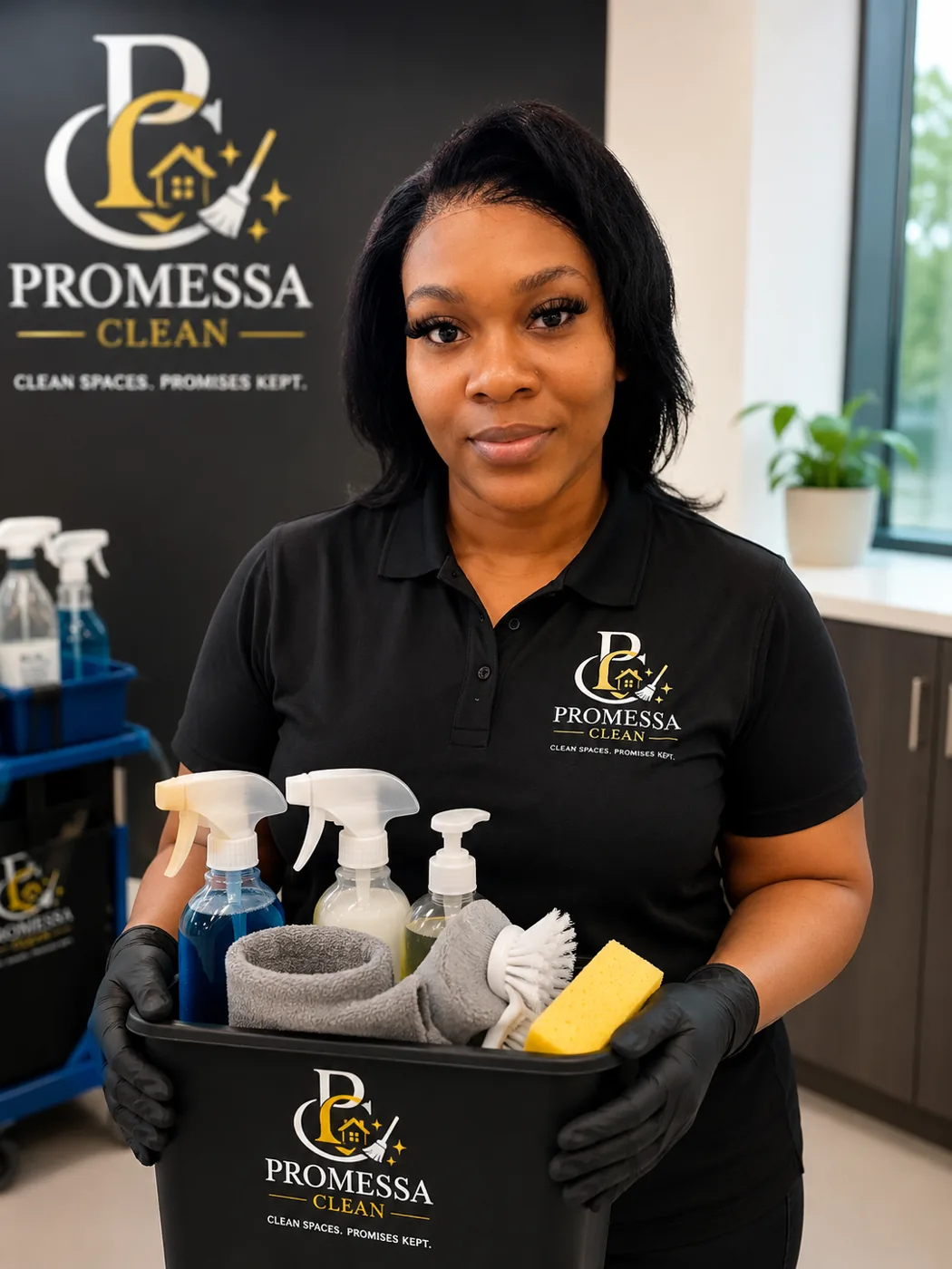 Promessa Clean professional with branded cleaning supplies